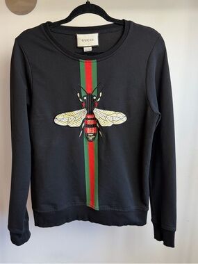 Gucci Black Crewneck with Red & Green Stripe and Bee Embroidery